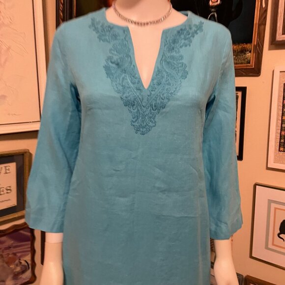 Talbots Pure Irish Linen Turquoise Dress With Embroidered Neckline Size 4P - Picture 2 of 5